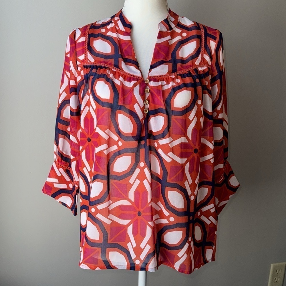 Buckhead Betties Colorful Blouse Semi Sheer Embroidery 3/4 sleeves Small Relaxed